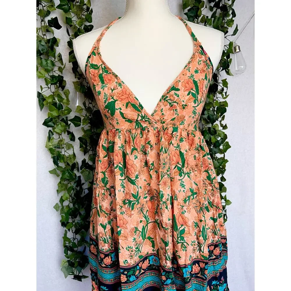 Boho Rayon Orange Teal Floral Halter Tie Empire Waist Mini Dress Women's Small - Picture 3 of 11